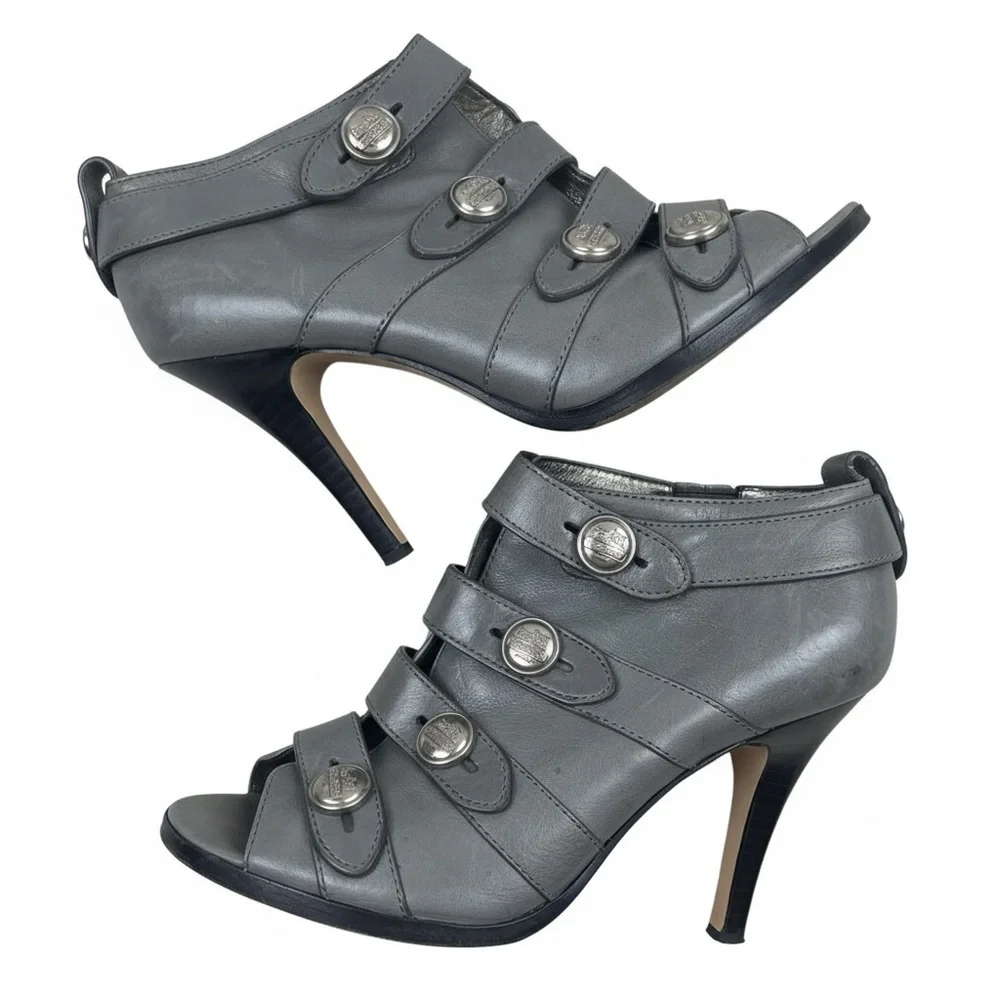 Coach Brandi Gray Leather Peep-Toe Booties 8.5B Silver Logo Buttons